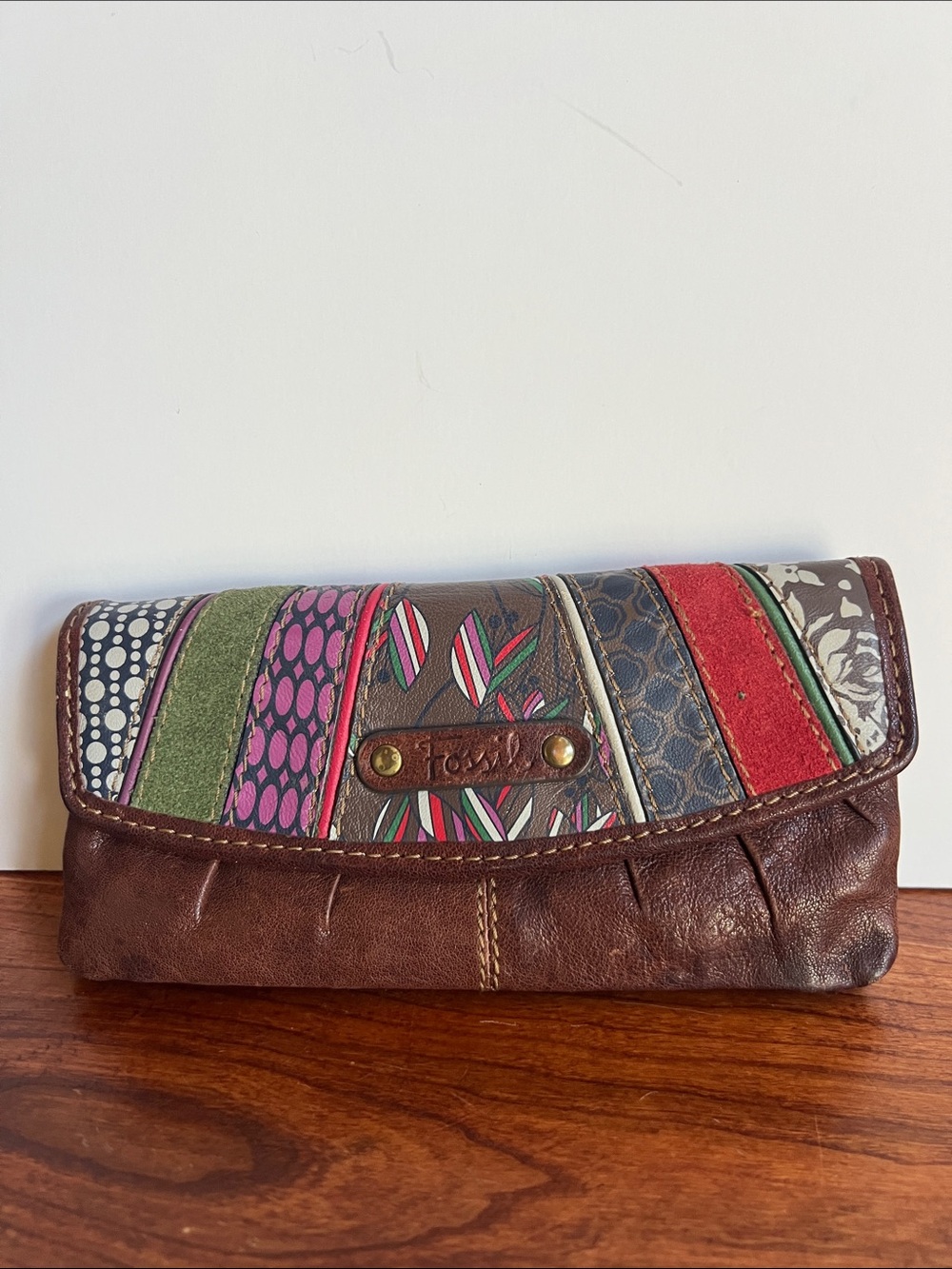 Fossil Brown patchwork Leather Wallet & ID holder with Multicolor accents